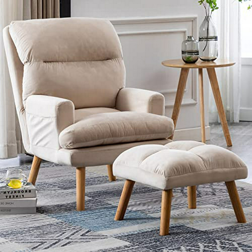 Silla Moderna Con Otomana, Sillón De Tela Suave Con Respaldo