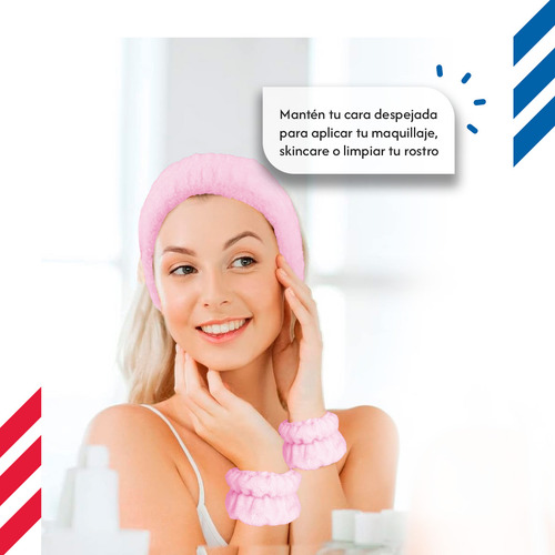 Diler Kit 5 Piezas Diadema Y Muñequeras Para Skincare Maquillaje Mascarilla Spa De Microfibra Liso Color Rosa