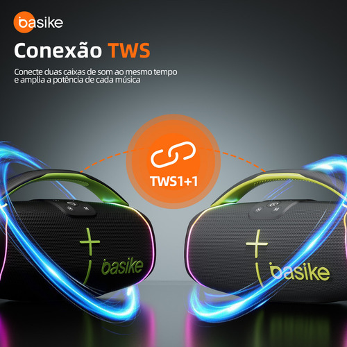 Caixa de Som Portátil Bluetooth, Subwoofer Ativo, Estéreo Hifi, Bombox, com Rgb, Tws 1+1, Bateria 6 Horas, Bluetooth 5.3, Ipx6, Powerbank para Telefones Celulares, Cor Preto