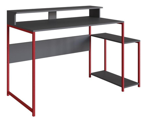 Mesa Gamer Escrivaninha Quarto 3 Prateleiras Cinza Vermelho