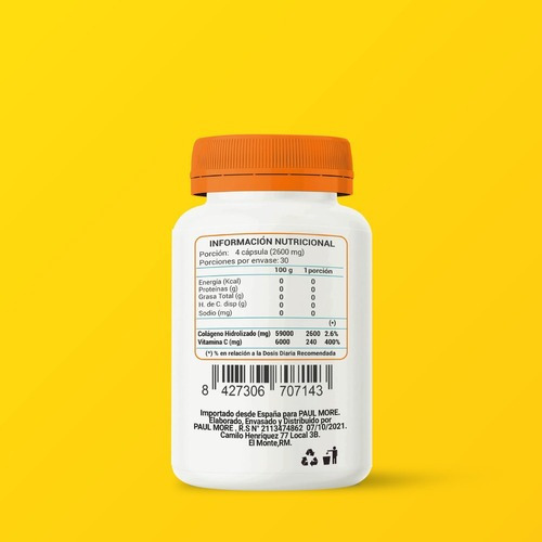 Imagen 2 de 2 de Colágeno Hidrolizado + Vit C 650 Mg - 120 Capsulas 3u Sin Sabor