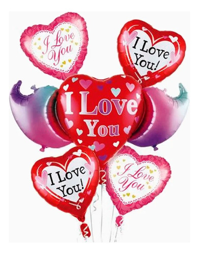 Set De Globos Corazón 5 Pcs Metalizado I Love You