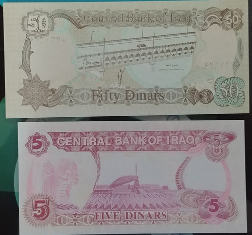 Dos Billetes Irak Presidente Sadam Husein 50 Y 5 Dinares.