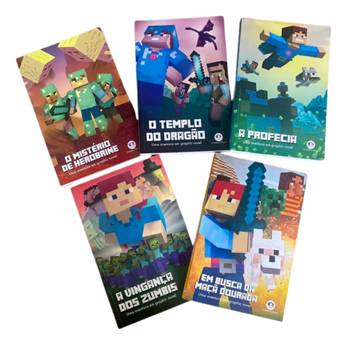 Kit Minecraft 5 Livros - Em Busca Da Maça Dourada + A Vingança Dos Zumbis + A Profecia + O Templo Do Dragão + O Misterio
