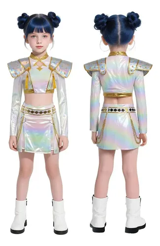 Disfraz Kpop De Guerrera Para Niñas – Chaqueta, Camiseta Y Pantalón En Azul Y Dorado, Tallas 120-150 Cm