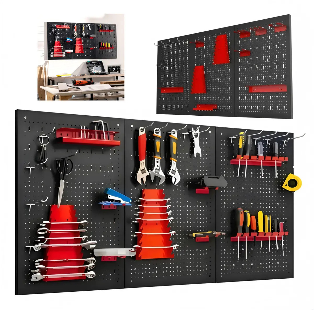 Set de 3 Tableros Perforados para Herramientas de Acero Negro con 18 Ganchos y Soportes, 120 x 60 cm