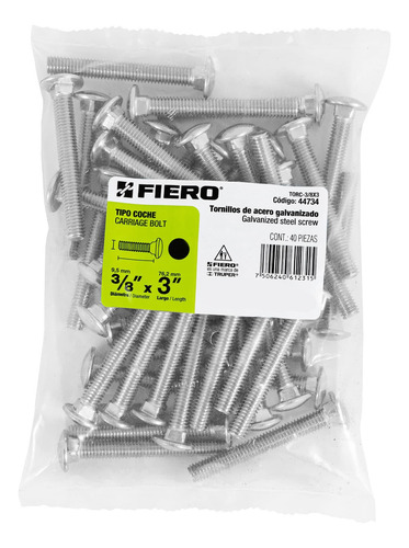 Tornillo Tipo Coche 3/8' X 3´ Redondo Metal Auto 40pz 44734