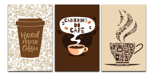 Imagem 1 de 6 de Kit Placas Quadros Decorativos 3 Pçs 20x30 Cantinho Do  Café