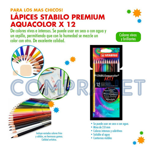 Lápices Aquarelables, Stabilo Aquacolor X 12, Premium