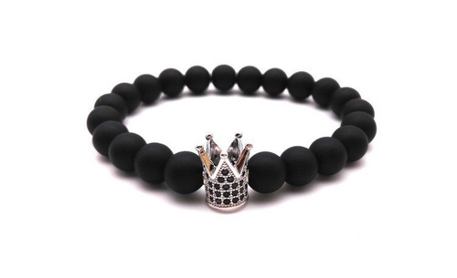 Pulsera De Onix Mate Corona Plateada Style Rm
