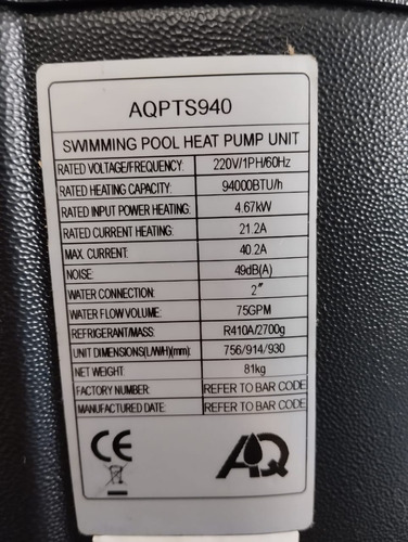 Bomba De Calor Marca Aq De 94.000 Btu