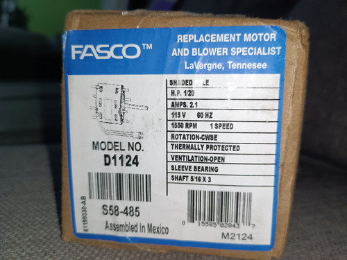 Motor Fasco Modelo D1124 1/20 Hp. 115v 1550rpm