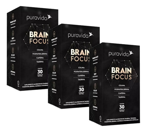 Kit 3x Brain Focus Nootrópico Pura Vida - 30 Capsulas Cada Sabor Neutro