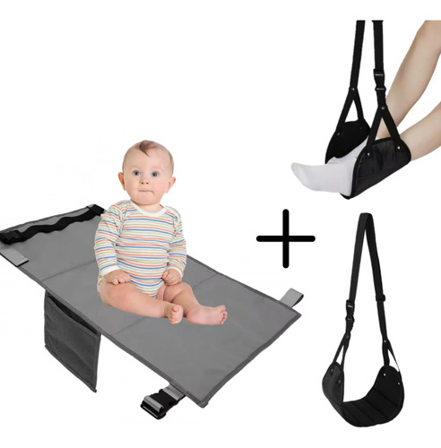 Kit Almofada Extensor Assento + Rede De Pé Avião Trem Viagem Cinza Liso
