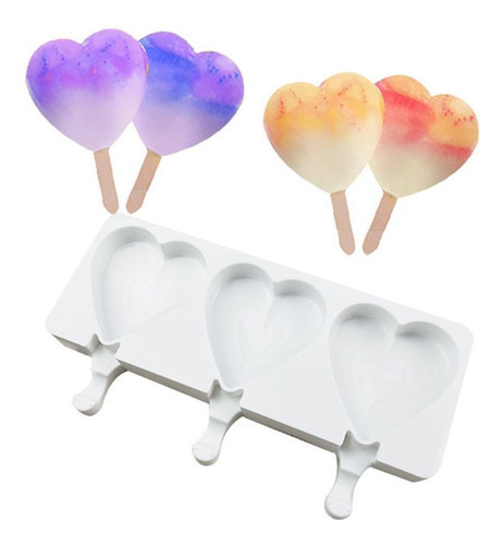 Molde Silicona Paletas 3 Corazones Ponqué, Helados, Jabones