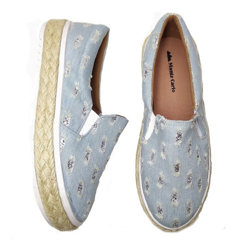 Imagem 5 de 6 de Slip On Tenis Feminino Sola Corda Jeans Azul Rasgado Glitter