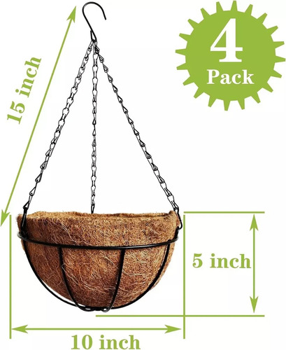 4pzs Macetas Colgante Fibra Coco Planta Gancho Jardín 25cm