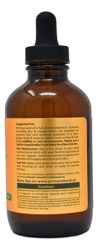 Óleo De Moringa Prime Natural Organic 120 Ml Prensado A Frio