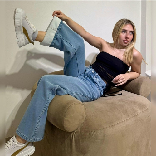 Jean Wide Leg Rígido Frizado Tiro Alto Dama Kapri