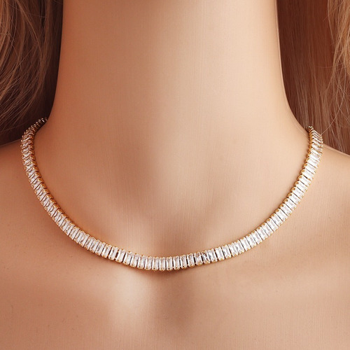 Kit 3 Pcs Colar + Pulseira + Par De Brinco Riviera Cristal Acabamento Ouro Cor Choker 35cm Cristal
