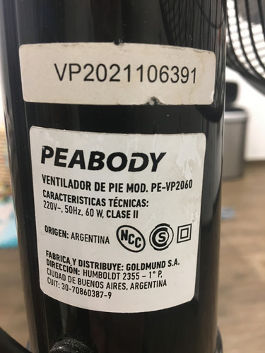 Ventilador De Pie Peabody 3 Aspas Usado Mod Yv 2060 50 Cm 50hz Negro Negro Plástico 3 (Usado)