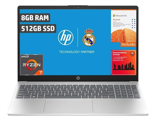 Hp Laptop Amd Ryzen 7 8gb 512gb Ssd 15.6 15-fc0081la Color Plateado