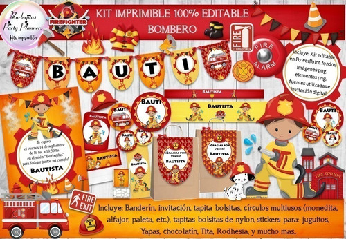 Kit Imprimible Candy Bar Bombero 100% Editable