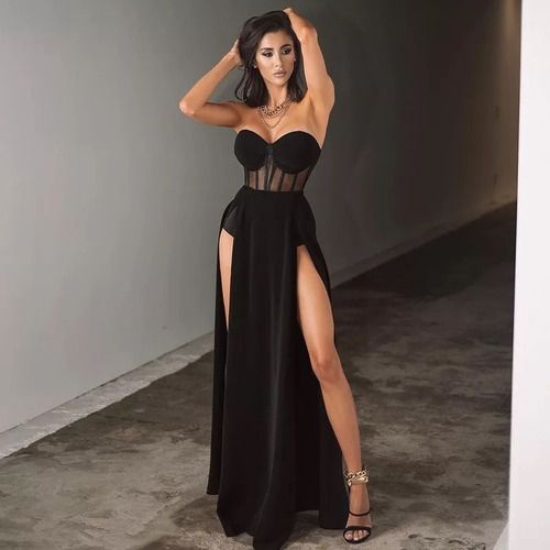 Vestido Largo Negro Corset Strapless Transparente Girlboss | Envío gratis