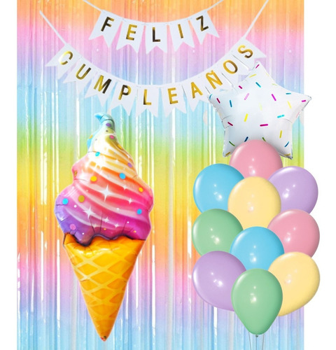 Combo Cumpleaños Globos Helado Cono Confetti Tematica Deco