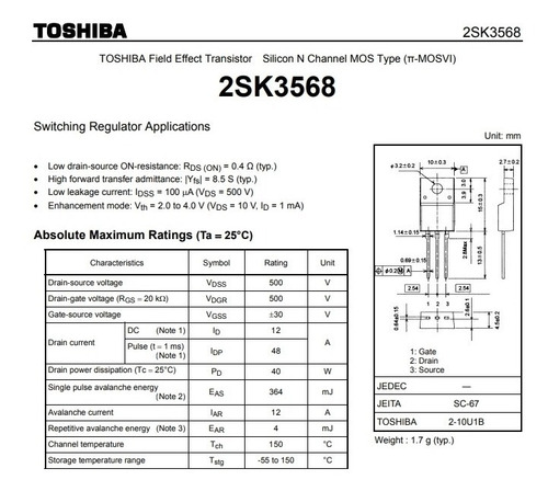 Imagem 3 de 8 de Transistor K3568 2sk3568 N Mosfet 12a 500v - 5 Unidades
