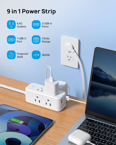 Regleta De Alimentación Con 6 Tomas Y 3 Puertos Usb De 5 Pie
