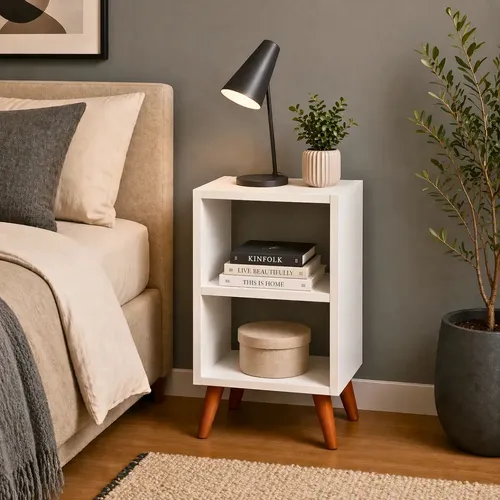 Mesa De Cabeceira Charmosa Nicho Aberto Multiuso Mesinha Lateral Decoração Para Cama De Casal Quarto Com Pés Palito Em Estilo ​Retrô Roma - Móveis Xpress