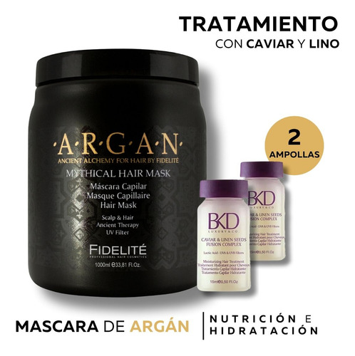 Kit Mascara Capilar Mythical Argan Fidelite 1000gr + 2 Ampollas BKD Fusión Complex Lino y Caviar Nutrición Hidratación Tratamiento Intensivo