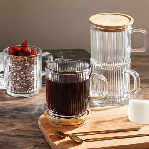 Juego De 4 Tazas De Café De Vidrio Con Tapas De Bambú Y Cuch