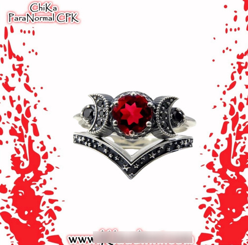 Par De Anillo Wicca Y Argolla Con Piedra Roja Medias Lunas