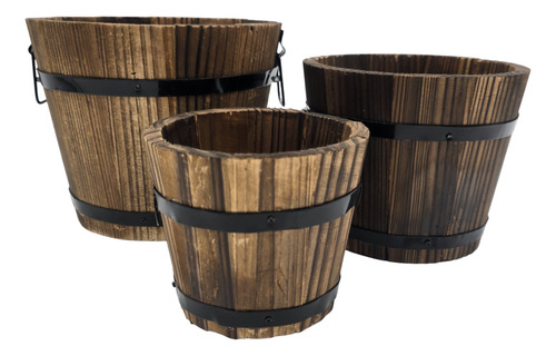 Set 3 Maceteros De Madera Tipo Barril Para Jardín Terrazas