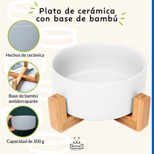 Plato Para Perros Y Gatos De Cerámica Con Base De Bambú Color Blanco