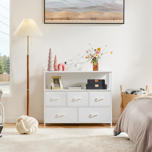 Cómoda De 5 Cajones De Tela Para Dormitorio Color Blanco