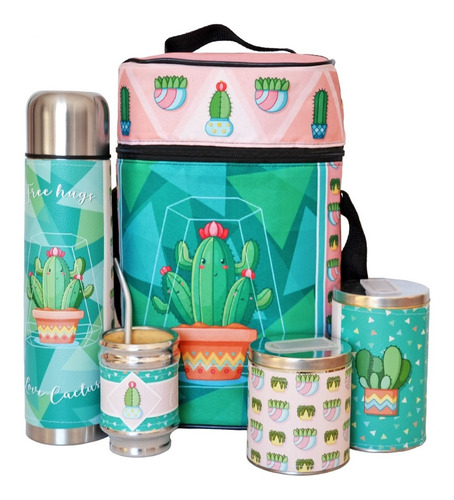 Equipo De Mate Completo Love Cactus Cuero Set Kit Matero 