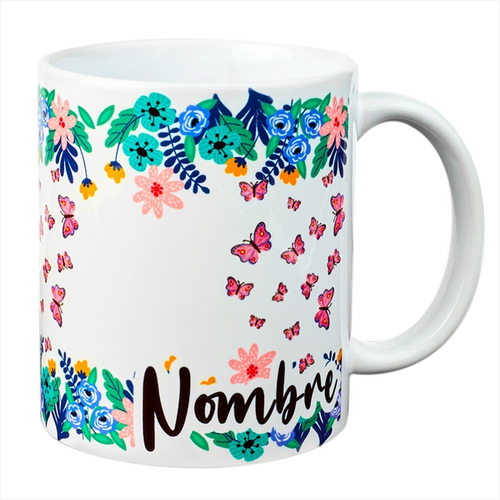 Taza Mariposas Rosas Y Flores Personalizada Con Tu Nombre