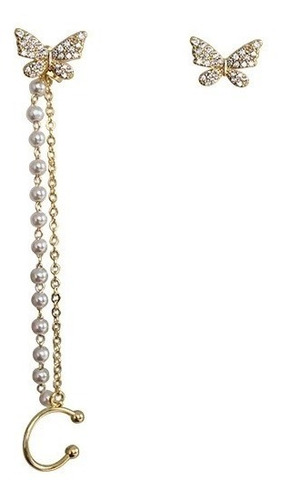 Imagen 1 de 4 de Aretes Dorados Asimétricos Mariposa Piercing Moda Mujer