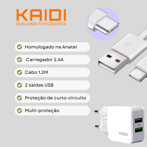 Carregador Turbo tipo C - Kaidi Kd-301C - 2 saídas USB