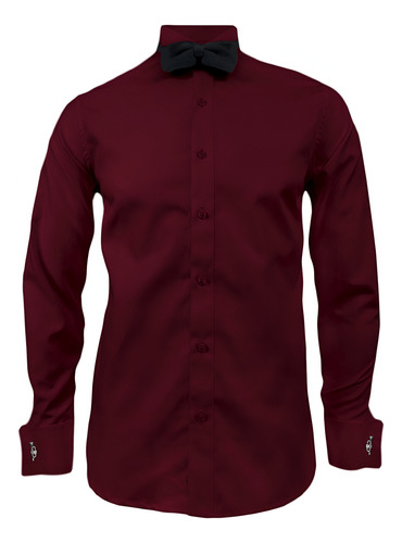 Camisa Smoking Vino Tinto Puño Mancornas Manga Larga Hombre