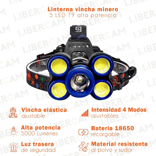 Imagen 3 de 10 de Linterna Minero Led Cabeza Vincha 5 Leds Bateria