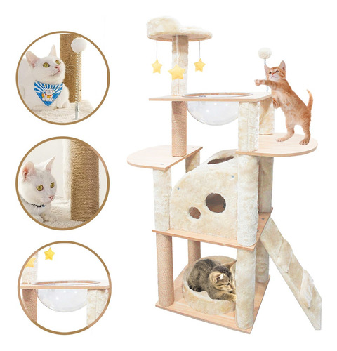 Pet King - Mueble Para Gatos Rascador Juguete Arbol Casa Esferas 142 Cm Color Beige Madera