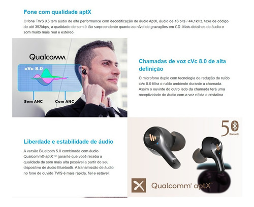 Imagem 6 de 8 de Fone Tws Edifier X5 Bluetooth 5.0 Aptx E Cvc - Type-c