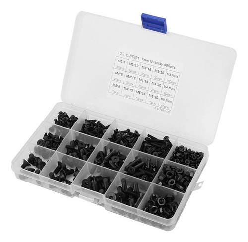 460 Piezas M3 M4 M5 Negro Grado 10.9 Cabeza Hexagonal Planal