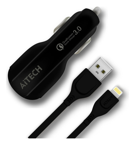 Cargador Auto Carga Rapida Turbo 3.0 2 Usb + Cable iPhone Color Negro
