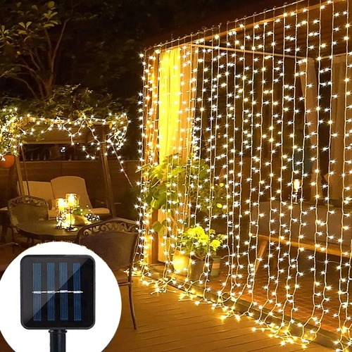 Cortina De Luces Solar 2m X 2m -  200 Led - Blanco Cálido