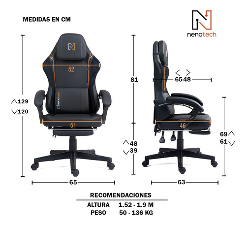 Silla Gamer Plus Ergonomica Masajeador Reposapies Nenotech Naranja Cuero Sintético